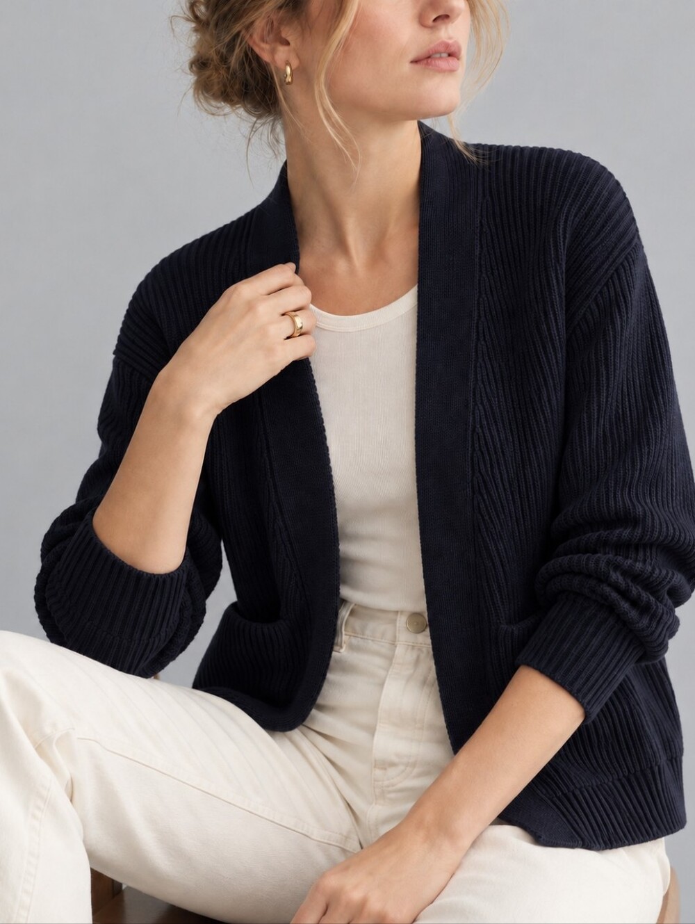 Quince Organic Cotton Black Ribbed Open Front Cardigan Womens Size Large